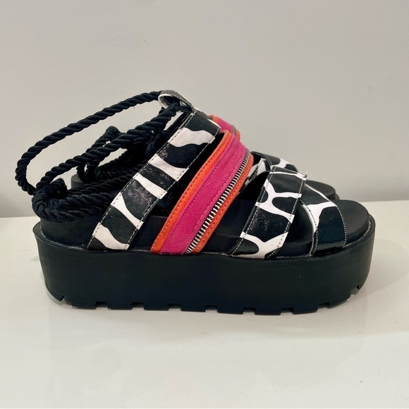 Shoes - Chunky Platform Mixed Media Sandals With Tie Up Cow Print and Pink Size 8